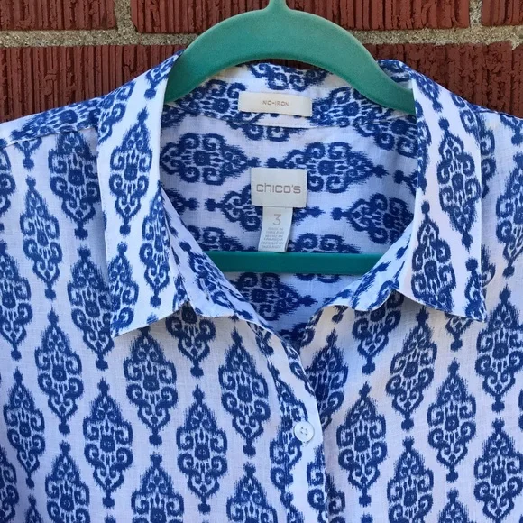 Chicos blue white patterned button up shirt blouse linen size 3 Large - Picture 3 of 6